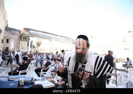 Ebreo ultra ortodosso che indossa un Talith, piega i suoi Tefillin alla fine della preghiera al muro Occidentale con altre persone intorno Foto Stock