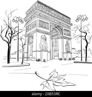 Arc de Triomphe bianco e nero a Parigi, in Francia, con le sue sculture e gli alberi circostanti Illustrazione Vettoriale