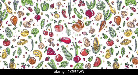 Verdure e frutta di colore. Disegno a doodle senza cuciture disegnato a mano su sfondo scuro. Illustrazione per sfondo, cartoncino, poster, striscione, prin tessile Illustrazione Vettoriale