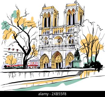 Illustrazione della Cattedrale di Notre-Dame a Parigi, in Francia, che mostra l'architettura gotica e le torri gemelle Illustrazione Vettoriale