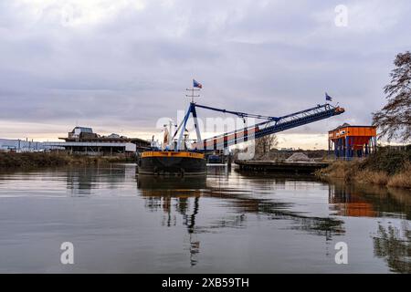 Sbarco di chiatte carico e scarico alla rinfusa del fiume Sand da una chiatta interna, ormeggiata su un terminal del porto di Rotterdam. Rotterdam, Paesi Bassi. Rotterdam Merwehaven Zuid-Holland Paesi Bassi Copyright: XGuidoxKoppesxPhotox Foto Stock