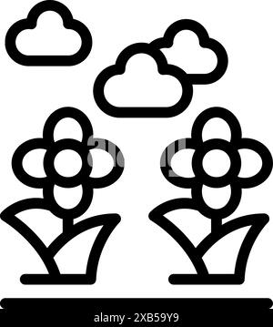 Semplice e minimalista illustrazione di due fiori che sbocciano in un campo con nuvole nel cielo Illustrazione Vettoriale