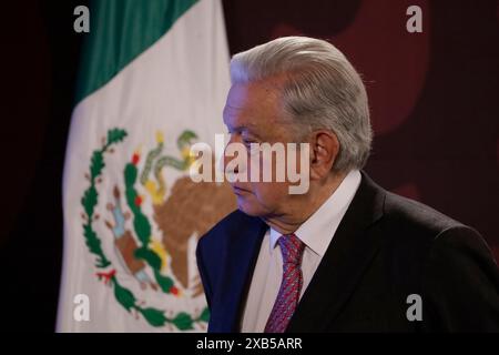 Città del Messico, Messico. 10 giugno 2024. Il presidente del Messico, Andres Manuel Lopez Obrador, durante una conferenza informativa presso il Palazzo Nazionale, esortò i partiti politici ad auto-criticare dopo i risultati delle elezioni generali in Messico. (Credit Image: © Luis Barron/eyepix via ZUMA Press Wire) SOLO PER USO EDITORIALE! Non per USO commerciale! Crediti: ZUMA Press, Inc./Alamy Live News Foto Stock