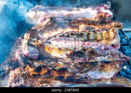 Barbecue argentino su una griglia con brace di legno. Foto Stock