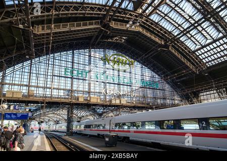 Colonia, Germania - 22 maggio 2024: Veduta di un treno ICE che arriva alla stazione centrale di Colonia Germania Foto Stock