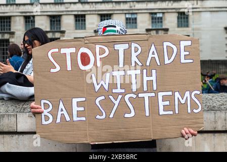 Manifestanti pro Palestine che protestano a Londra, Regno Unito, con un cartello che fa riferimento al sostegno militare a Israele. Interrompere il commercio con BAe Systems Foto Stock