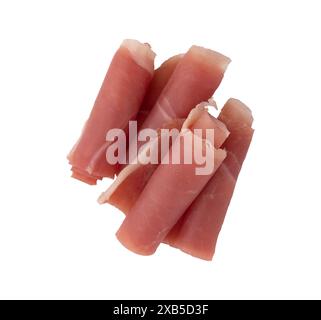 prosciutto o jamon isolato su sfondo bianco con percorso di ritaglio, salumi secchi o fette di prosciutto piegate per creare un layout, vista dall'alto Foto Stock