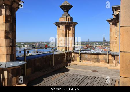 Fantastiche vedute del mercato centrale e del fiume Daugava, dalla piattaforma di osservazione dell'Accademia lettone delle scienze a riga, in Lettonia Foto Stock