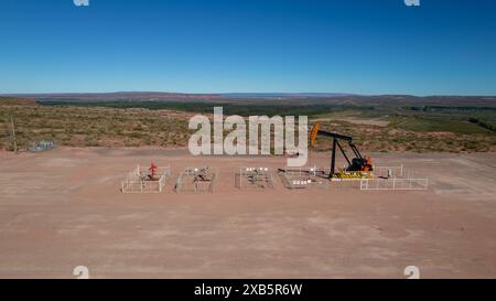 Posizione con pozzetto di estrazione dell'olio e pozzetto di iniezione dell'acqua secondaria. Vaca Muerta (Argentina) Foto Stock