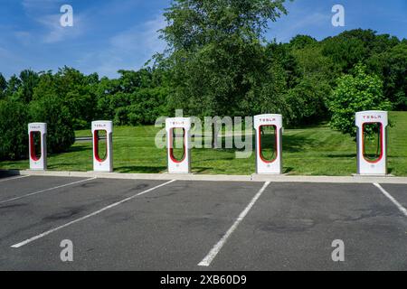 Stazioni di ricarica per veicoli elettrici Tesla, Connecticut, USA Foto Stock