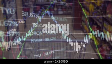 Grafico delle tendenze del mercato azionario che si sovrappone al carrello in un negozio di alimentari Foto Stock