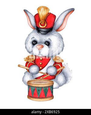 Bunny Military hussar in uniforme rossa con illustrazione ad acquerello a tamburo. Soldato giocattolo, lo schiaccianoci delle fiabe, isolato dallo sfondo. Per decorare Foto Stock