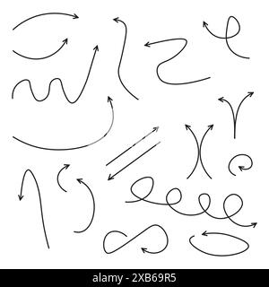 Vettore frecce disegnate a mano. Linee curve di schizzo. Frecce nere per scarabocchi. Set puntatori direzionali. Illustrazione Vettoriale