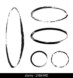 Cornici ovali grunge. Cerchi di pennello ruvidi. Elementi vettoriali neri. Design astratto. Illustrazione Vettoriale