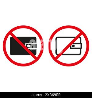 Firma nessun portafogli consentito. Restrizioni finanziarie personali. Simbolo di divieto di pagamento. Icona della politica senza contanti. Illustrazione Vettoriale