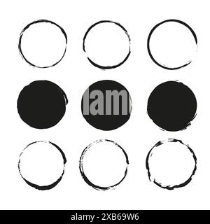 Icone del cerchio di grunge. Vettore disegnato a mano. Forme arrotondate astratte. Design bianco e nero. Illustrazione Vettoriale