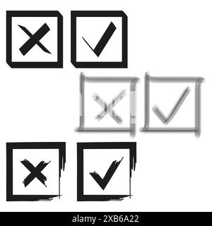 Icone con segno di spunta e croce. Stile disegnato a mano. Bordi quadrati. Bianco e nero. Illustrazione Vettoriale