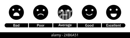 L'icona del vettore emoji di valutazione del feedback imposta i colori in bianco e nero. set di icone emoji di valutazione e feedback. Eccellente, buono, neutrale, emoji. Illustrazione Vettoriale