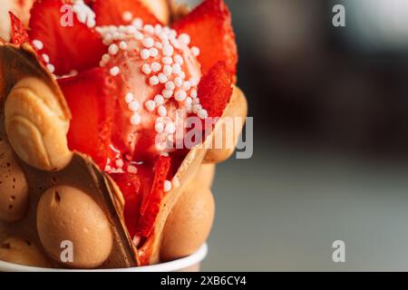 Fai bollire i waffle in una tazza con gelato e fragole Foto Stock