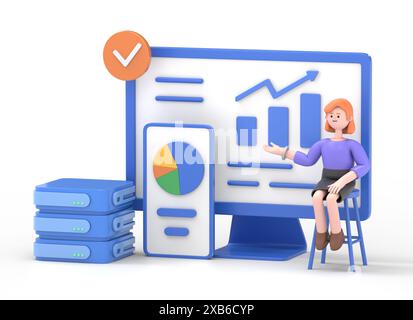 Set di big data e cloud computing. Illustrazione 3D di un uomo d'affari che utilizza server remoti per analizzare grandi insiemi di dati e riconoscere gli errori. Azione Foto Stock