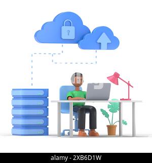 Illustrazione 3D di un uomo d'affari. Set di concept di cloud computing. Server di servizi cloud per l'archiviazione e l'elaborazione di dati.blogging, sito Web, app mobile, promozione Foto Stock