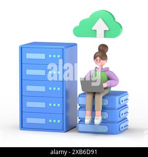 Illustrazione 3D di un uomo d'affari. Big Data e Cloud Computing, personaggi aziendali che utilizzano server remoti per analizzare grandi set di dati e riconoscerli Foto Stock