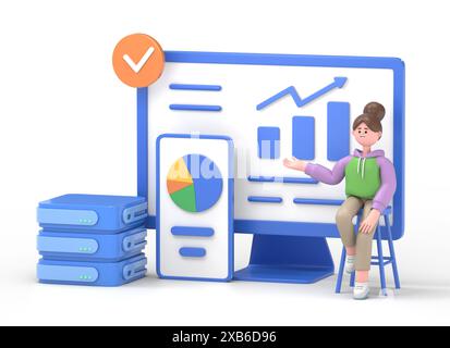Set di big data e cloud computing. Illustrazione 3D di un uomo d'affari che utilizza server remoti per analizzare grandi insiemi di dati e riconoscere gli errori. Azione Foto Stock