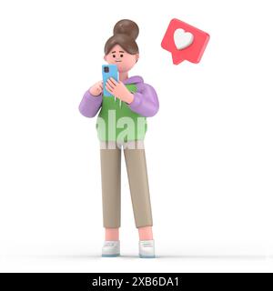 Illustrazione 3D di un uomo d'affari sorridente al telefono. Personaggio femminile che tiene in mano il telefono con un effetto simile a quello che appare sullo schermo del cellulare. Illustrazione 3d mockup Foto Stock