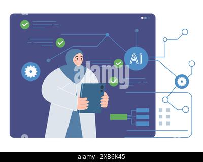 La scienziata DELL'INTELLIGENZA artificiale fa ricerche per la donna della scienza della tecnologia dell'intelligenza artificiale Illustrazione Vettoriale