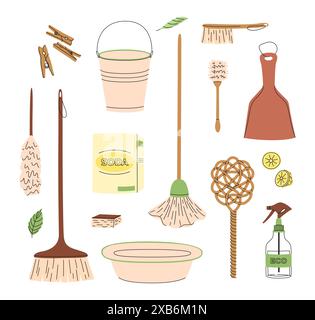 Set di prodotti per la pulizia ecocompatibili. Spazzoloni e spazzole. Detergenti ecologici naturali biologici. Cose verdi da lavoro domestico. Illustrazione vettoriale piatta Illustrazione Vettoriale