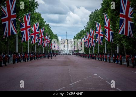 Il centro commerciale era fiancheggiato da soldati e bandiere britanniche durante il Colonel's Review per l'imminente Trooping of the Colour. La rivista del colonnello è identica alla parata del compleanno di Kingís, con l'eccezione che alcuni ufficiali a cavallo aggiuntivi cavalcano su quest'ultima. Vi parteciperanno oltre 1400 soldati della divisione Household e della Kingís Troop Royal Horse Artillery, tra cui 400 musicisti delle bande massed, che sfileranno tutti sulle guardie a cavallo per la seconda delle due revisioni formali. La revisione del Colonnello include anche 250 soldati delle guardie a piedi che percorreranno il percorso processionale al Foto Stock