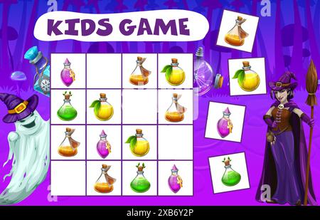 Gioco labirinto di Halloween con bottiglie di pozione. Enigma Sudoku per bambini, foglio di lavoro vettoriale di puzzle di intelligenza o gioco di rebus per bambini con personaggi dei cartoni animati fantasma e streghe e bottiglie di pozioni magiche di Halloween Illustrazione Vettoriale