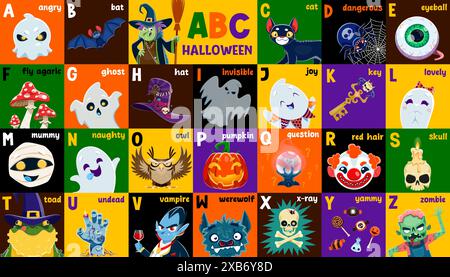 Alfabeto natalizio di Halloween, tipo bambini abc. Lettere vettoriali con personaggi dei mostri del cartone animato horror. Inglese abc con fantasmi, zombie, cranio e zucca, dolcetti, strega, personaggi vampiri Illustrazione Vettoriale