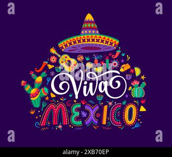 Viva Mexico, bandiera nazionale del giorno dell'indipendenza con cappello sombrero, chitarra e maracas, sfondo etnico vettoriale. festa messicana con peperoncino, cactus e burrito in ornamento floreale Illustrazione Vettoriale