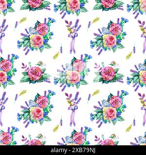 Motivo senza cuciture floreale d'epoca con acquerello, bouquet di rose rosse e fiori selvatici, carta digitale naturale botanica su sfondo bianco Foto Stock