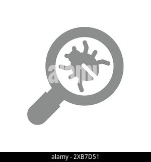 Correzione di bug e identificazione dell'icona vettoriale. Tracciamento degli insetti con il simbolo della lente di ingrandimento. Illustrazione Vettoriale