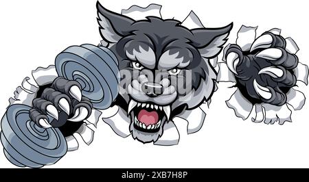 Mascotte per sollevamento pesi Wolf Werewolf Dumbbell Gym Illustrazione Vettoriale