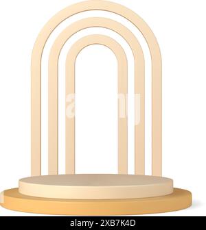 Podio 3D con sagoma vettoriale ad arco a triplice apertura. Mostra colore pastello per presentazioni con cerchio bianco. Decorazione della cerimonia di spettacolo Illustrazione Vettoriale