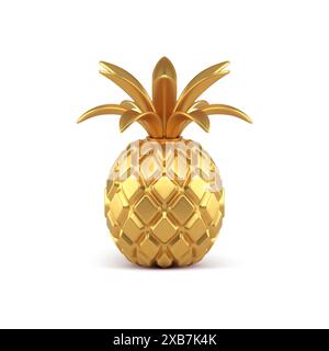 Illustrazione vettoriale dell'ananas 3d Gold. Frutta esotica modellata in metallo prezioso giallo con ornamenti a foglie curve. Prodotto di prima qualità per l'assegnazione di winne Illustrazione Vettoriale