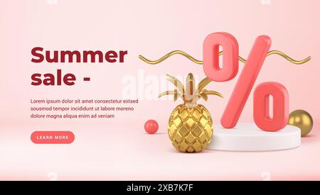 Podio con 3D percentuali di sconto e modello di banner vettore ananas dorato. Vendita giallo articoli di lusso interni su sfondo blu. Decorazione dorata Illustrazione Vettoriale