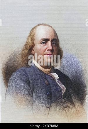 Benjamin Franklin 1706-1790, amerikanischer Staatsmann, Drucker und Wissenschaftler. Kupferstich, 1896., Digital restaurierte Reproduktion von einer Vorlage aus dem 19. Jahrhundert, data record non dichiarata Foto Stock