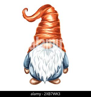 Caduta di Gnome in cappello conus. Nani magici nordici. Illustrazione ad acquerello disegnata a mano isolata. Grazioso elfo cartonato per l'arredamento autunnale e il Ringraziamento, bambini Foto Stock