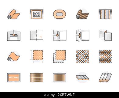 Set di icone di linea piatta per la pulizia dei tappeti. Stuoia a vapore, tappetino in bambù, tappeti persiani, illustrazioni vettoriali per pavimenti. Insegne sottili per il servizio di pulizia Illustrazione Vettoriale