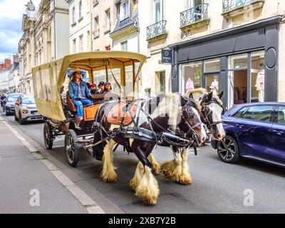 Turisti che si godono le passeggiate in carrozza trainata da cavalli attraverso il centro di Tours, Indre-et-Loire (37), Francia. Foto Stock