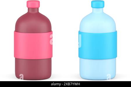 Bottiglia con acqua e succo di frutta rosa bevanda dolce insieme icone 3d realistiche. Confezione di prodotti liquidi contenitore in plastica per bevande freschezza Illustrazione Vettoriale