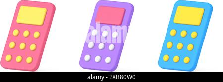 Calcolatrice matematica con pulsanti e display per il conteggio dei numeri, set di icone 3d, illustrazione vettoriale realistica. Educazione matematica sul risparmio di budget Illustrazione Vettoriale