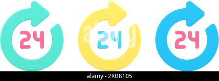 24 ore su 24, consegna con freccia per lo shopping puntatore del servizio di vendita al dettaglio, set di icone 3d, illustrazione vettoriale realistica. Collegamento all'helpdesk sempre disponibile Illustrazione Vettoriale