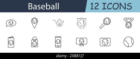 Icona del set da baseball. Palla, posizione, carrello, schermo, lente di ingrandimento, timer, bolla vocale, brochure, portachiavi, smartphone, TV, telecamera. Sport c Illustrazione Vettoriale