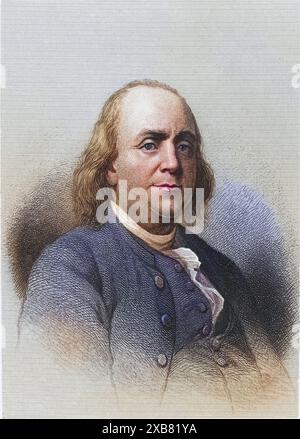 Benjamin Franklin (1706-1790), amerikanischer Staatsmann, Drucker und Wissenschaftler. Kupferstich, 1896., Digital restaurierte Reproduktion von einer Vorlage aus dem 19. Jahrhundert, data record non dichiarata Foto Stock