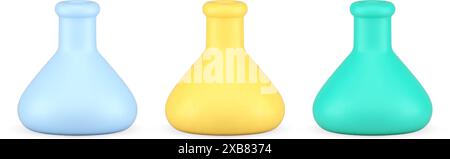 Becher per vetreria da laboratorio chimico sperimentazione scienza scoperta ricerca di icone 3d illustrazione vettoriale realistica. Apprendimento chimica p Illustrazione Vettoriale